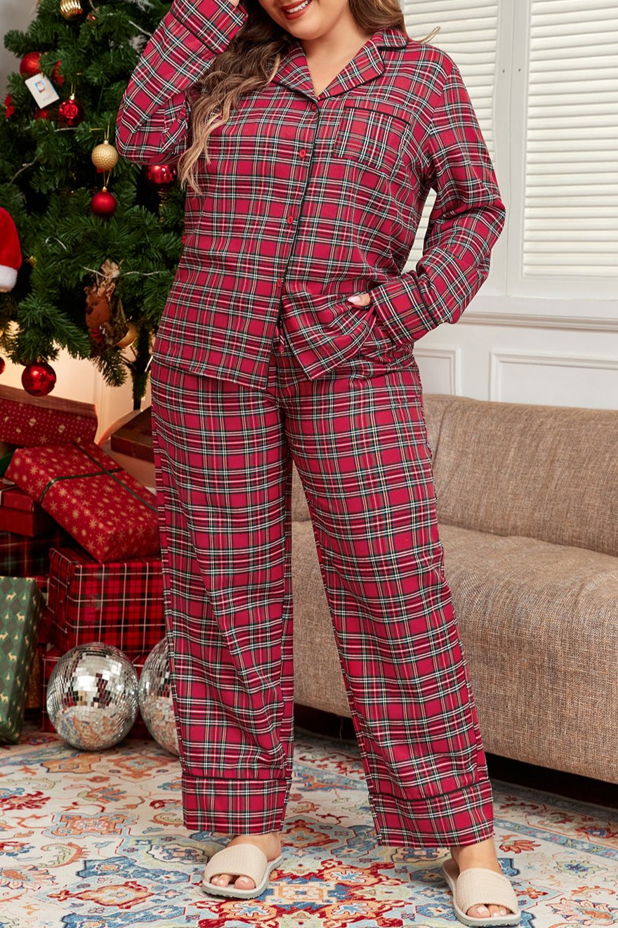 Plaid Shirt and Pants Lounge Set Plus Size