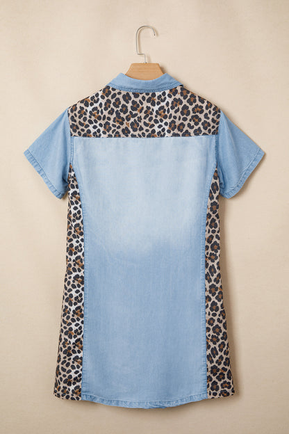 Leopard Patchwork Colorblock Shirt Collar Mini Dress