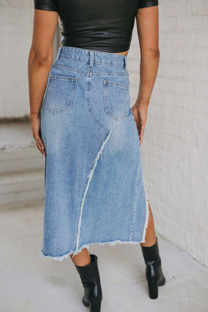 Denim Raw Edge Slit Midi Skirt