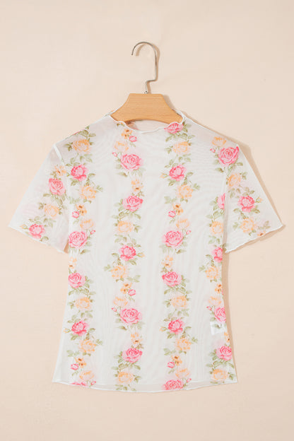 Floral Mesh Mock Neck Short Sleeve Top