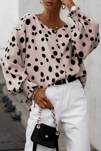 Dotted Puff Sleeve Buttoned Blouse