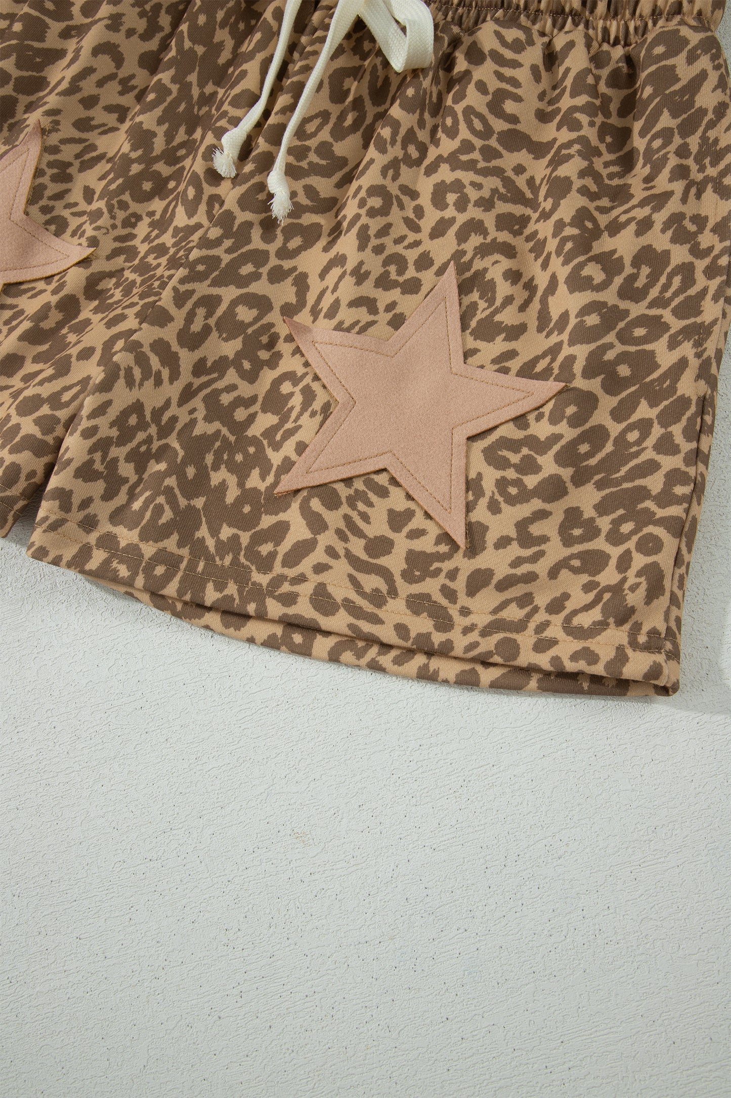 Leopard Star Patch Drawstring Elastic Waist Shorts