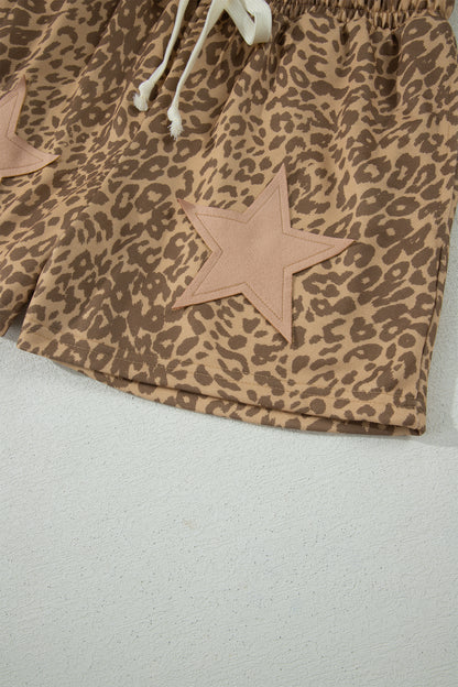 Leopard Star Patch Drawstring Elastic Waist Shorts