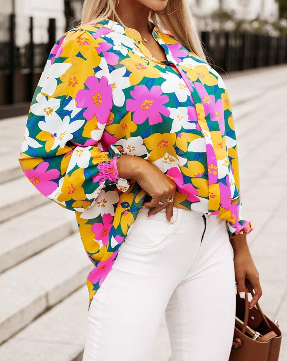 Floral V-Neck Lantern Sleeve Blouse