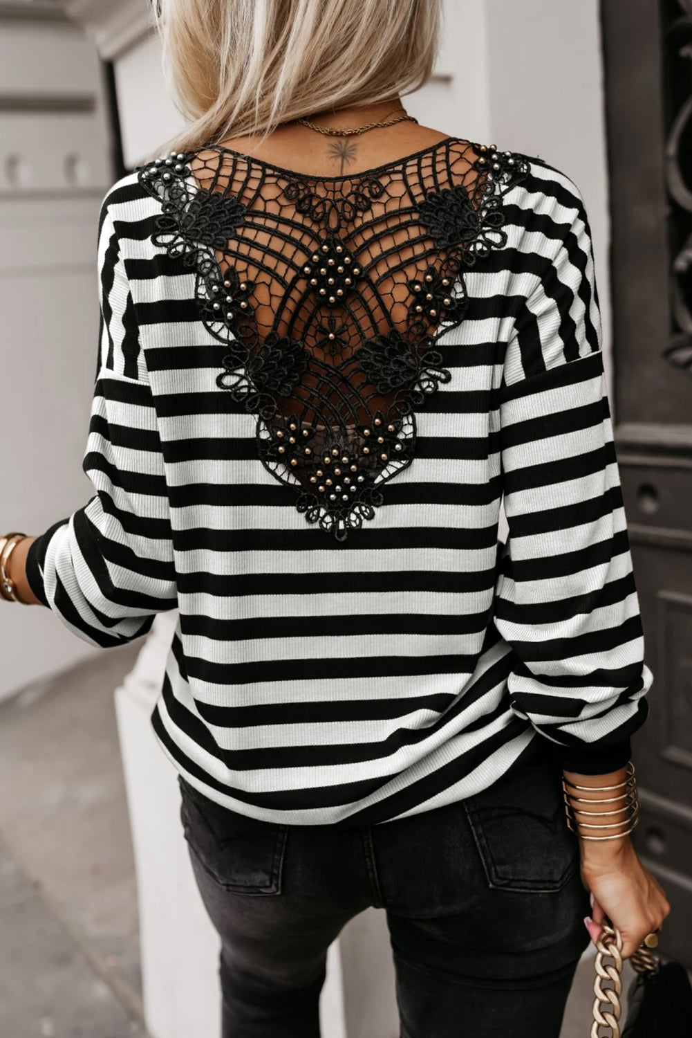 Stripe Lace Back V-Neck Top