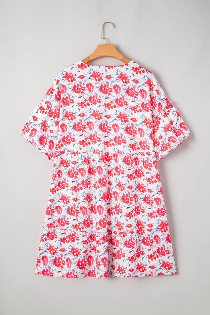 Plus Size Floral Ruffle 3/4 Sleeve V-Neck Dress