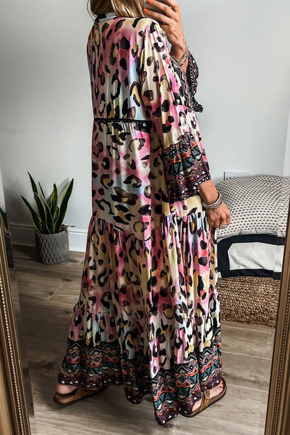 Leopard 3/4 Sleeve Tiered Maxi Dress