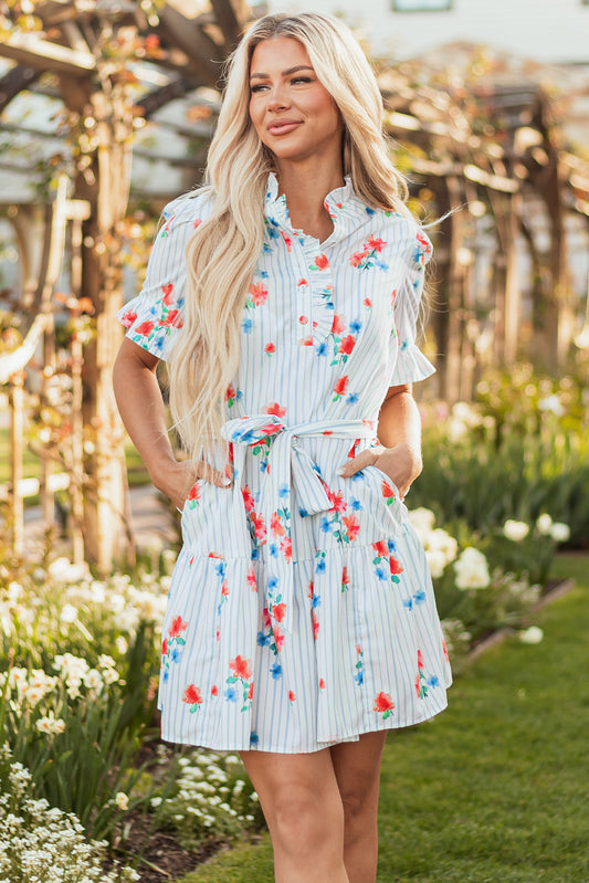 Stripe Floral Ruffle Sleeve Belted Mini Dress