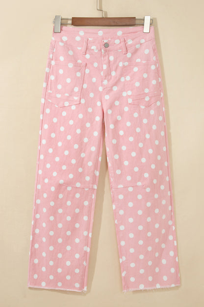 Polka Dot Denim Raw Hem Barrel Jeans