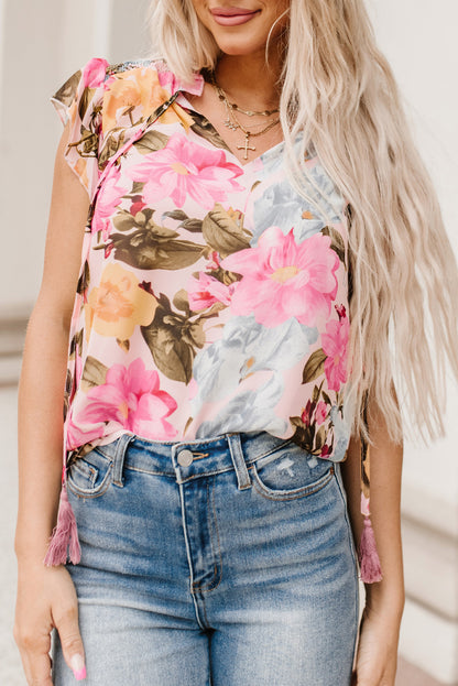 Floral Tassel Tie Short Sleeve Blouse