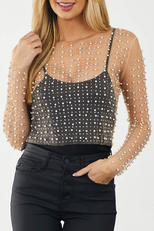 Pearl and Rhinestone Sheer Mesh Top