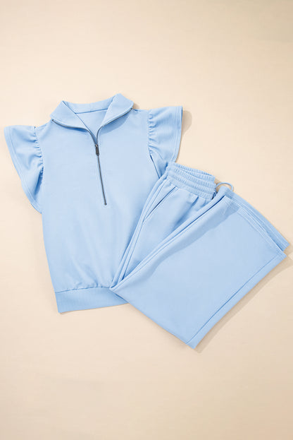 Textured Ruffle Half Zip Top and Pants Set