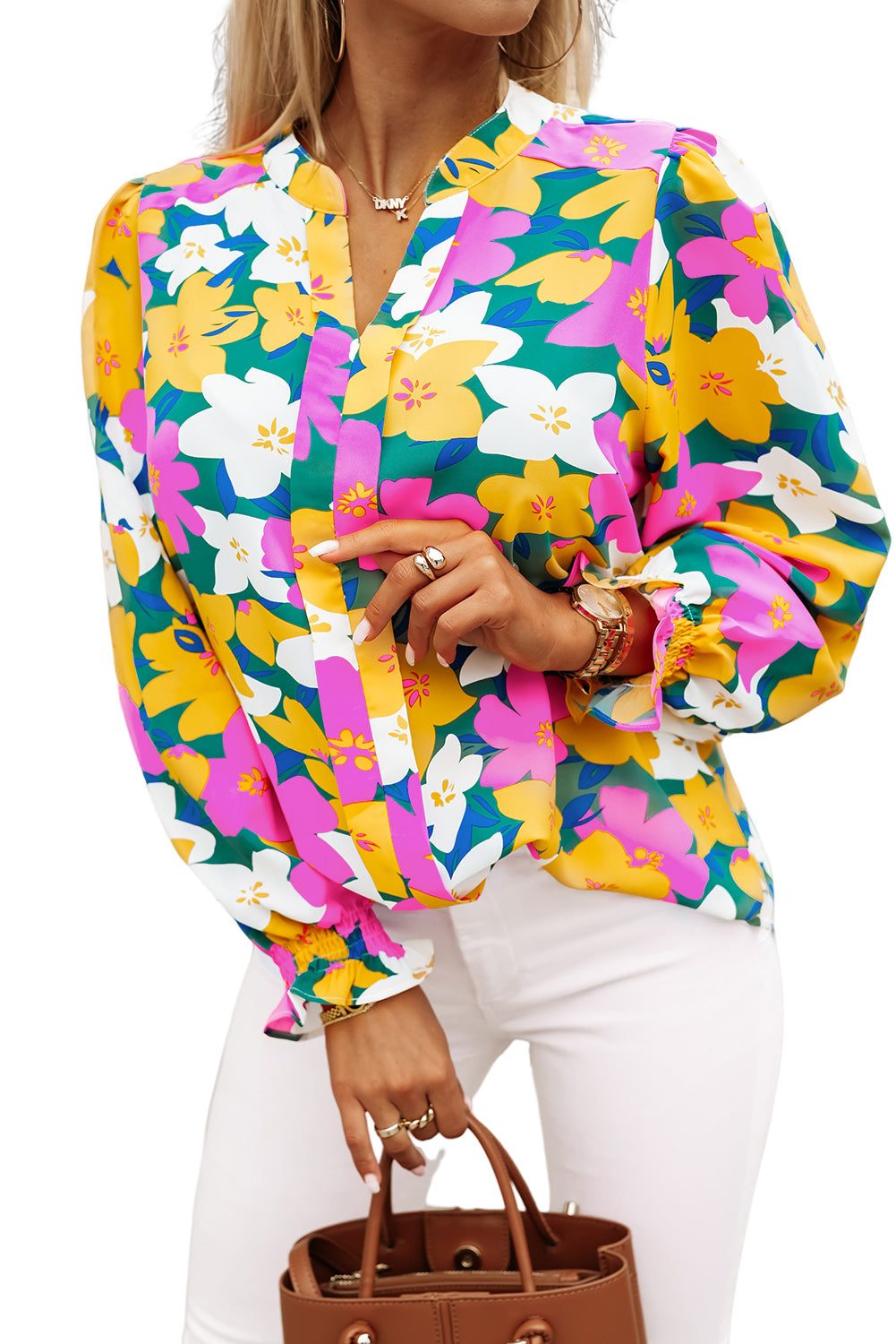 Floral V-Neck Lantern Sleeve Blouse