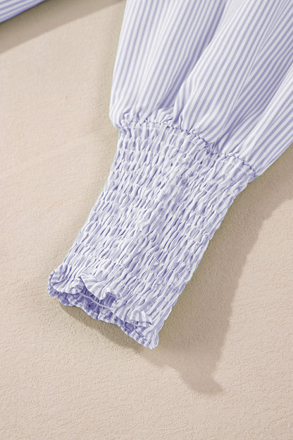 Stripe Shirred Cuff Button-Up Shirt