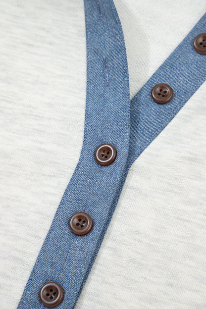 Denim Patchwork Polo Collar Long Sleeve Top