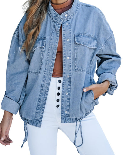 Denim Tab Sleeve Pocketed Jacket