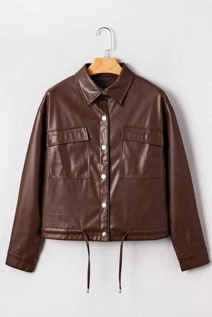 Leather Drawstring Hem Pocketed Jacket