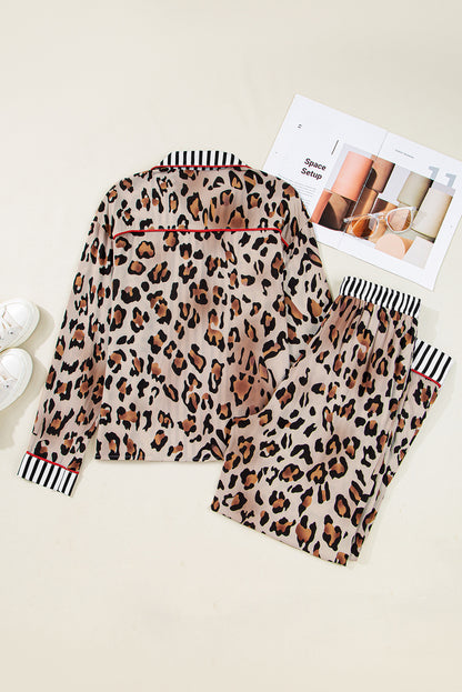 Leopard Colorblock Stripe Edge Shirt and Pants Pajama Set