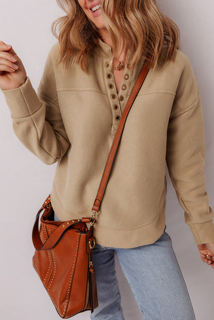 Solid Grommet V-Neck Drop Shoulder Sweatshirt
