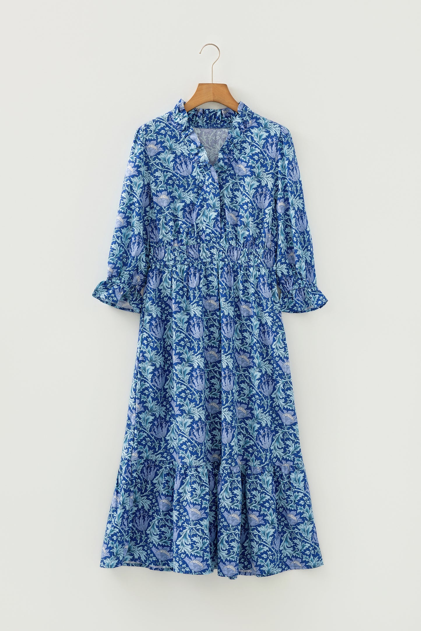 Floral Frilled V-Neck 3/4 Sleeve Midi Dress