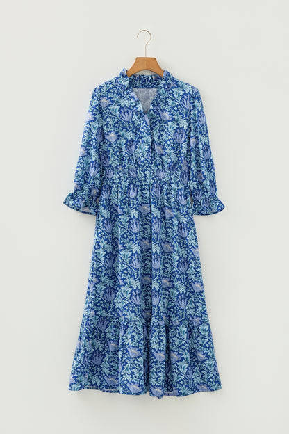 Floral Frilled V-Neck 3/4 Sleeve Midi Dress