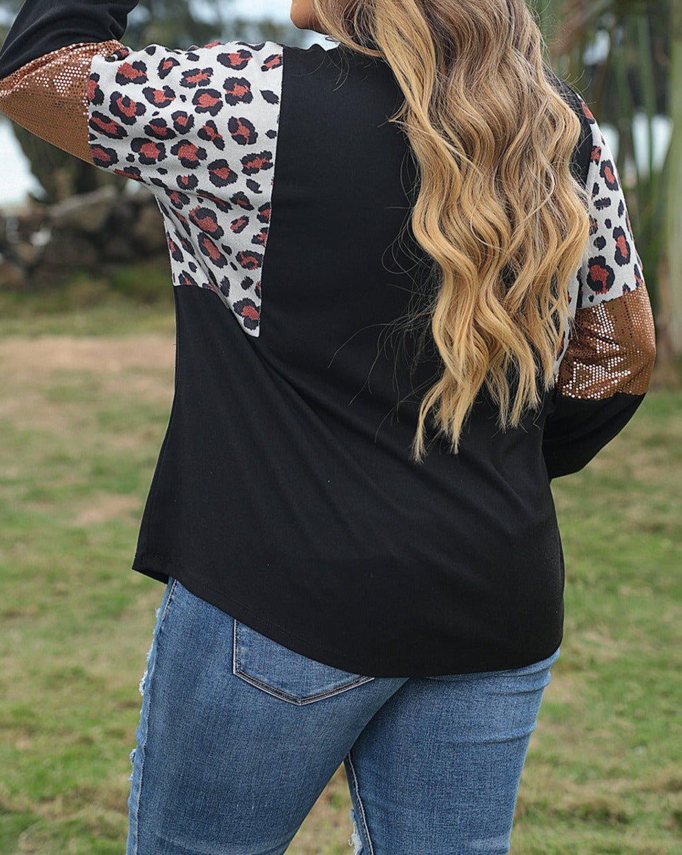 Leopard Sequin Long Sleeve Top Plus Size