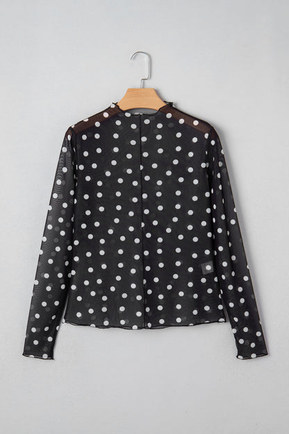 Polka Dot Mesh Mock Neck Long Sleeve Top