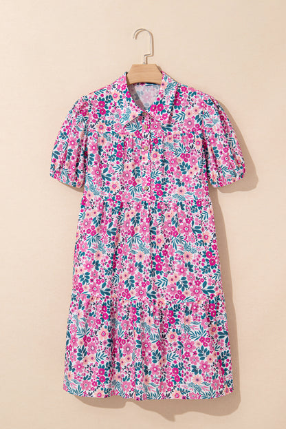 Floral Collared Half-Placket Short Sleeve Mini Dress