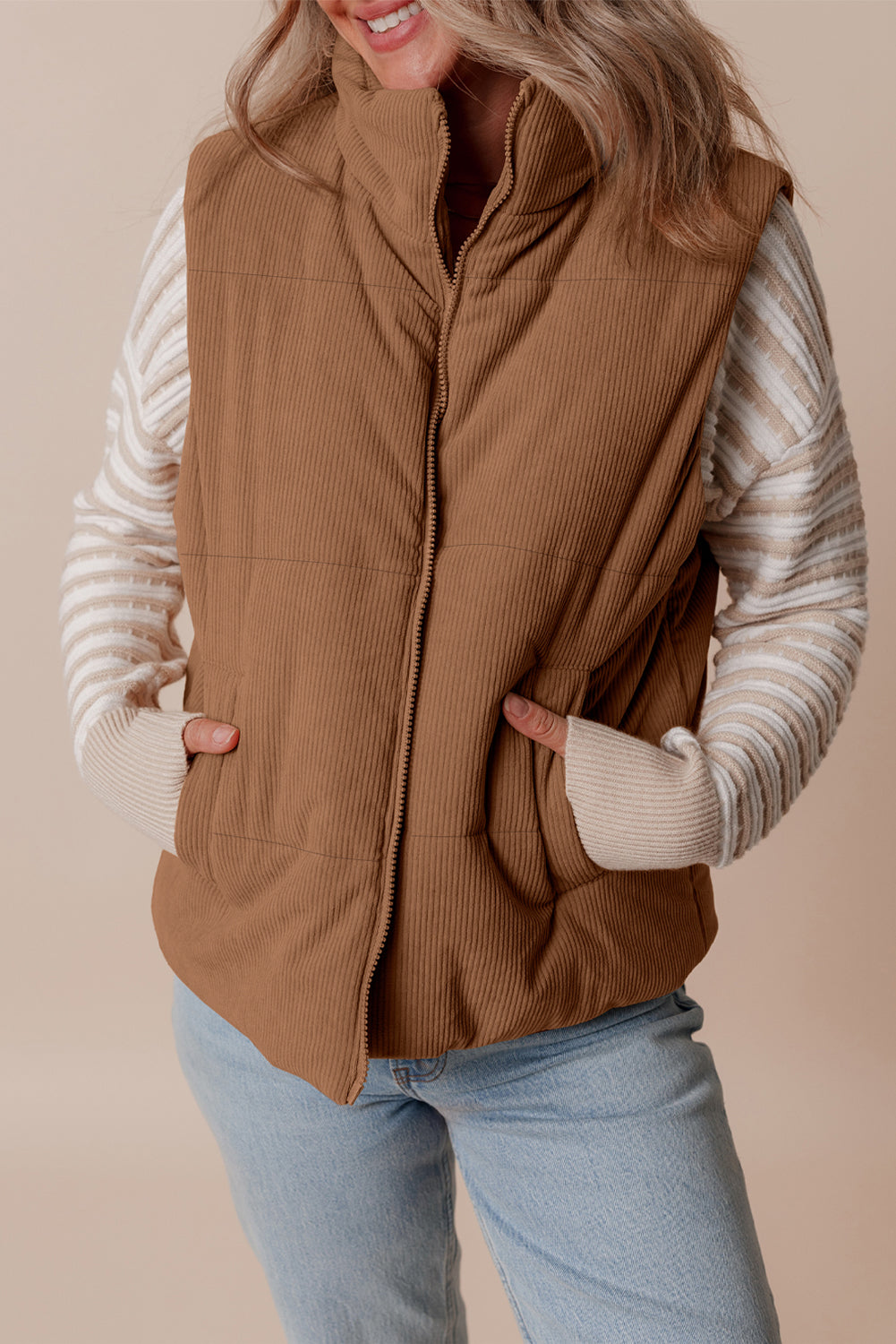 Corduroy Zip-Up Pocketed Puffer Vest