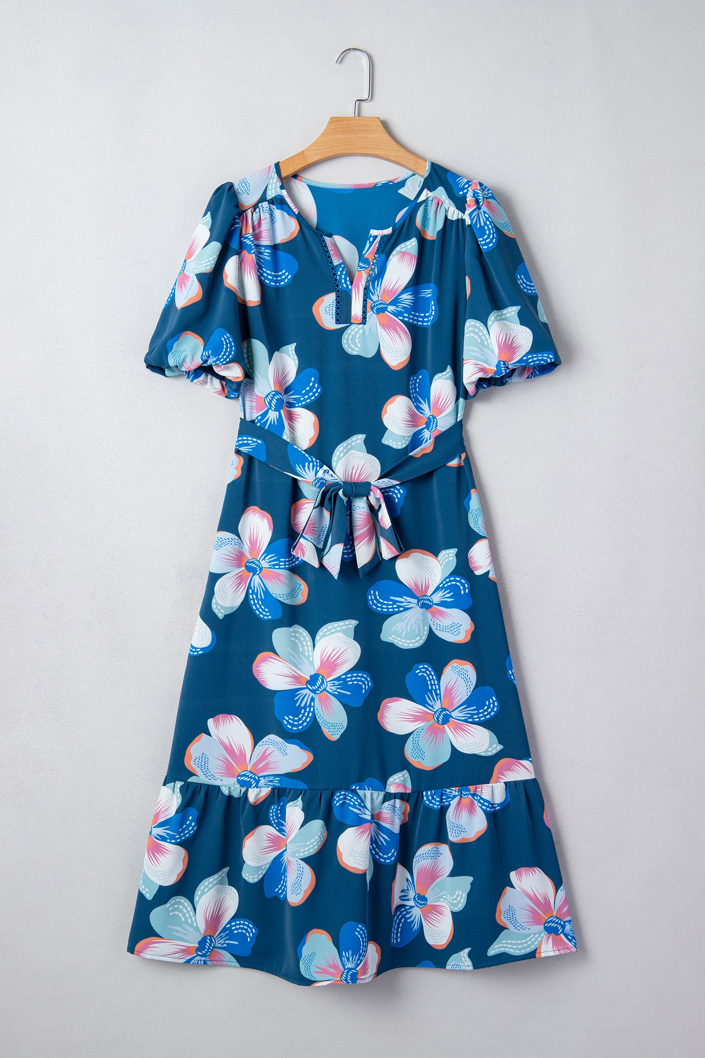 Floral Short Puff Sleeve Ruffle Belted Midi Dress