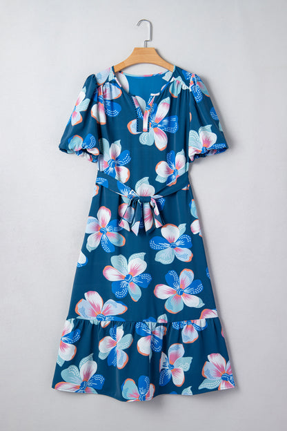 Floral Short Puff Sleeve Ruffle Belted Midi Dress