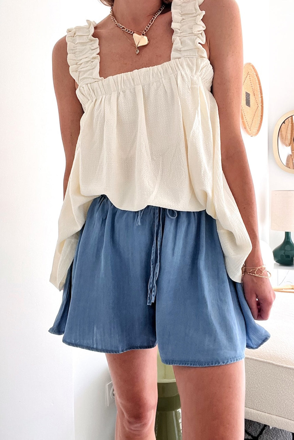 Denim Drawstring Wide Leg Shorts