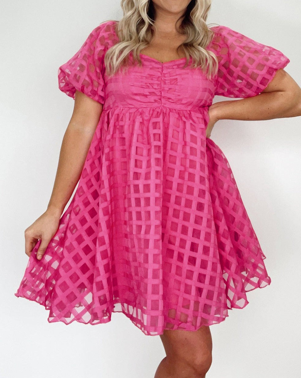 Checker Puff Sleeve Babydoll Dress