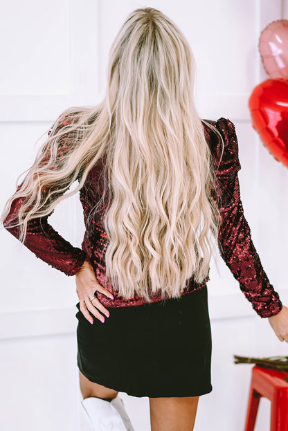 Solid Sequin Mock Neck Long Sleeve Top