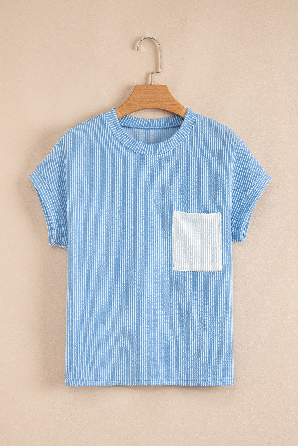Colorblock Corded Knit Pocketed Crew Neck T-Shirt