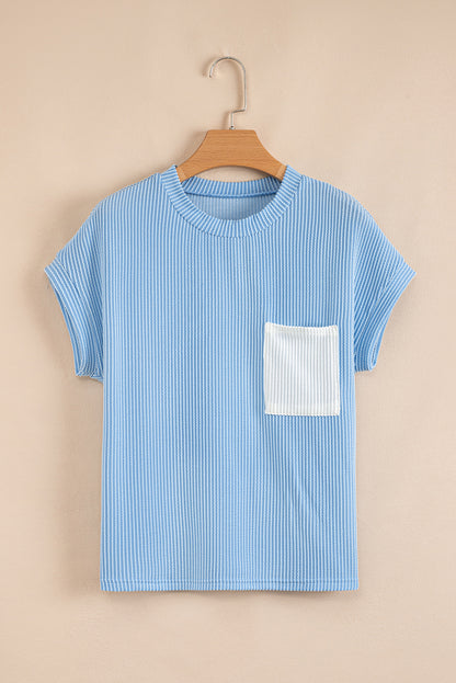 Colorblock Corded Knit Pocketed Crew Neck T-Shirt
