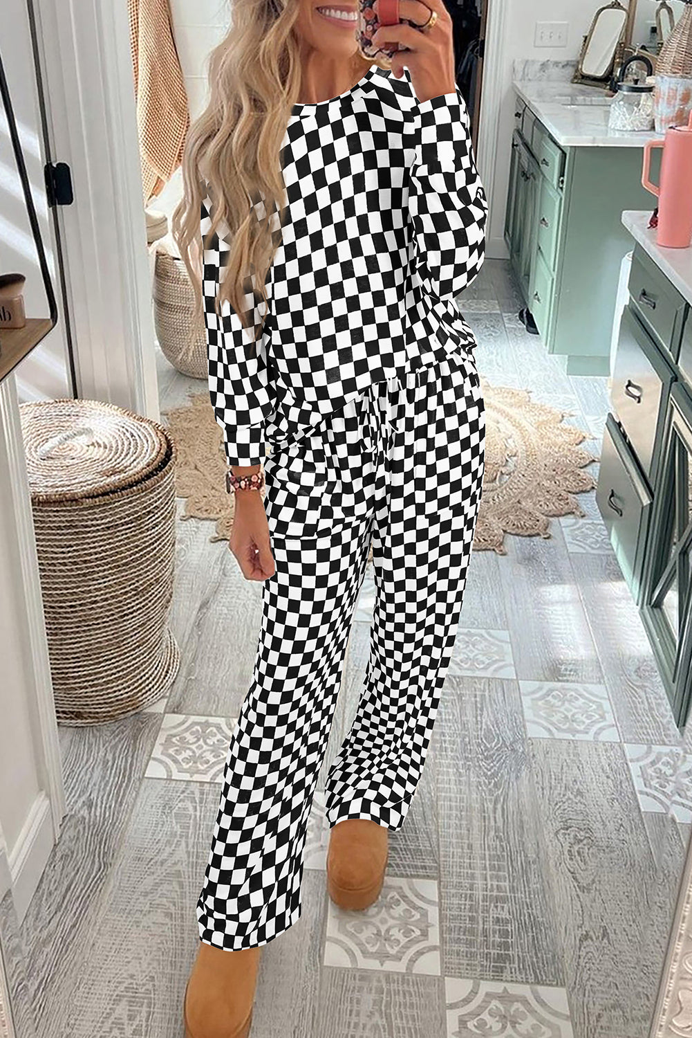 Checker Long Sleeve Top and Pants Set