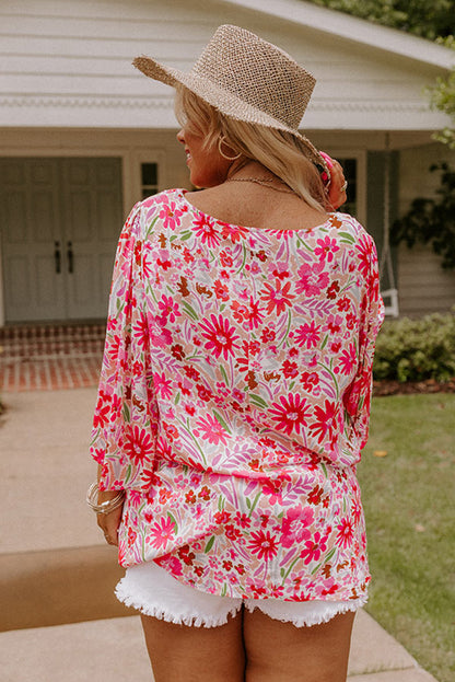 Floral Ruffled Half Sleeve V-Neck Plus Size Blouse