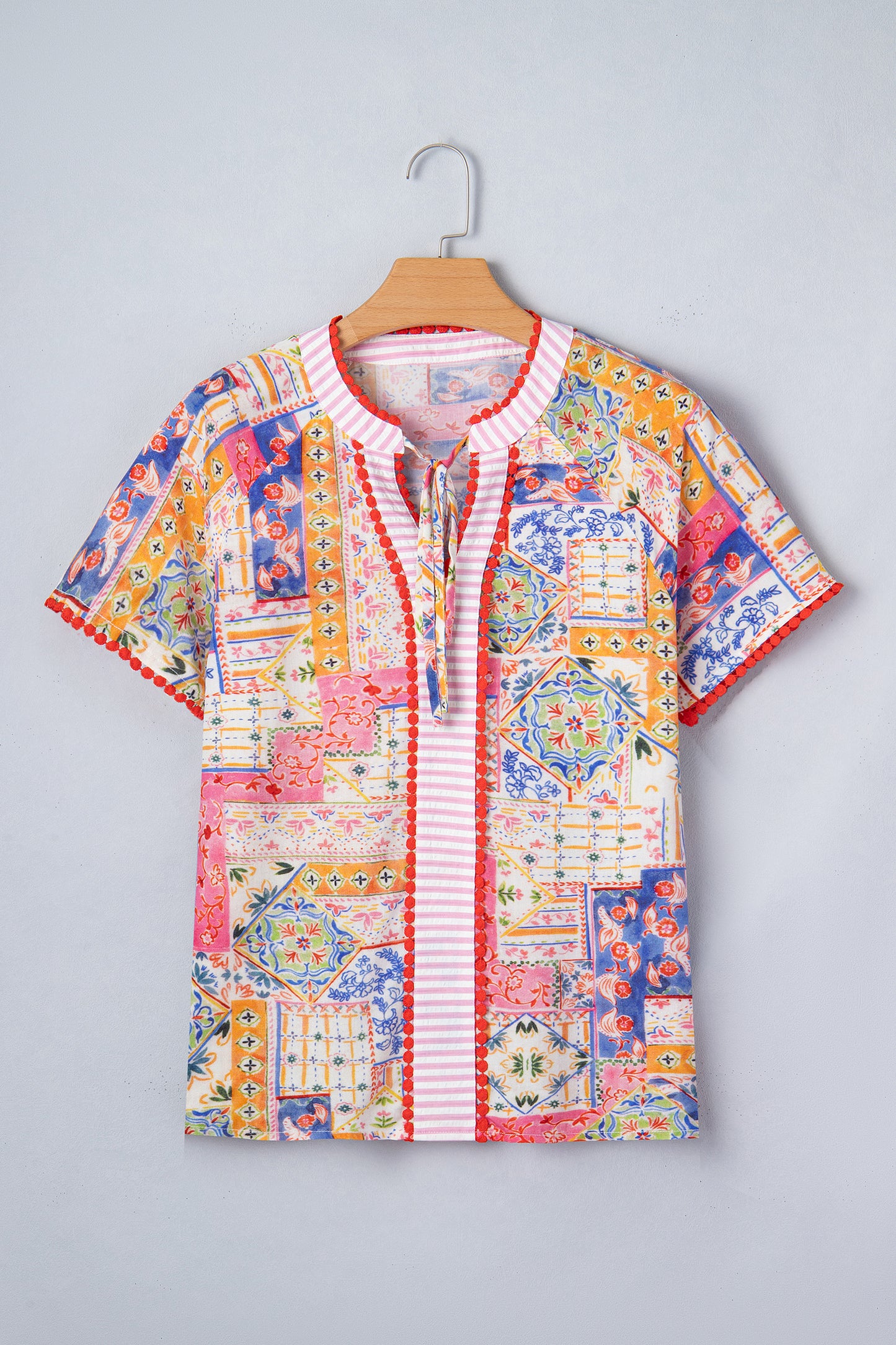 Boho Patchwork Tied V-Neck Short Sleeve Blouse