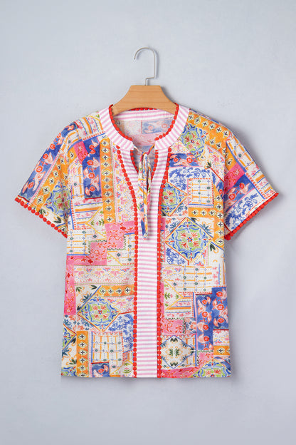 Boho Patchwork Tied V-Neck Short Sleeve Blouse