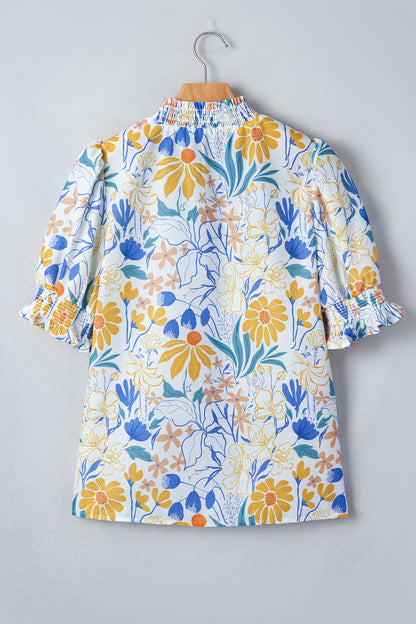 Floral Stripe Trim V-Neck Puff Sleeve Blouse