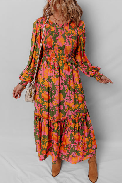 Floral Puff Sleeve Smocked Ruffle Maxi Dress