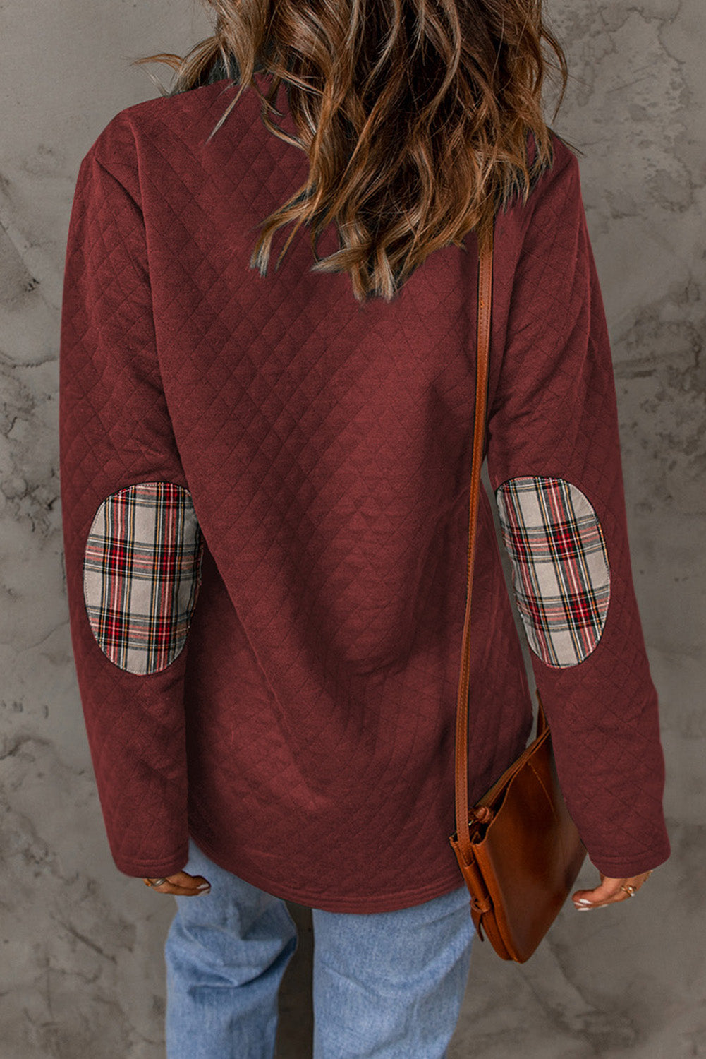 Plaid Elbow Patch Textured Sweatshirt