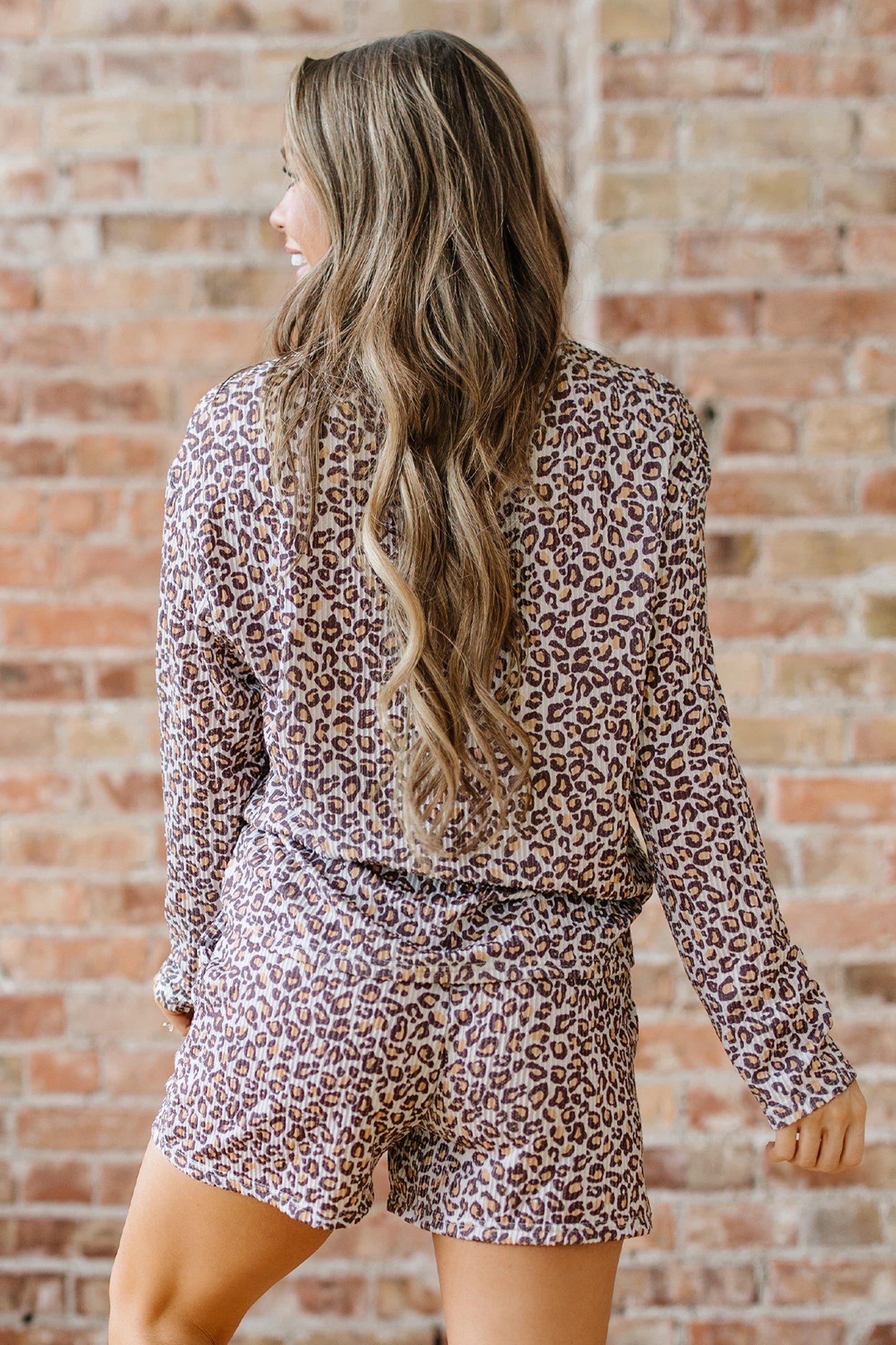 Leopard Ribbed Long Sleeve Top and Shorts Set