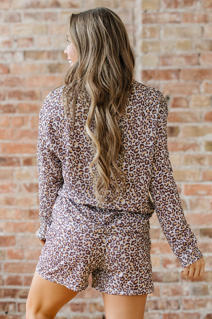 Leopard Ribbed Long Sleeve Top and Shorts Set