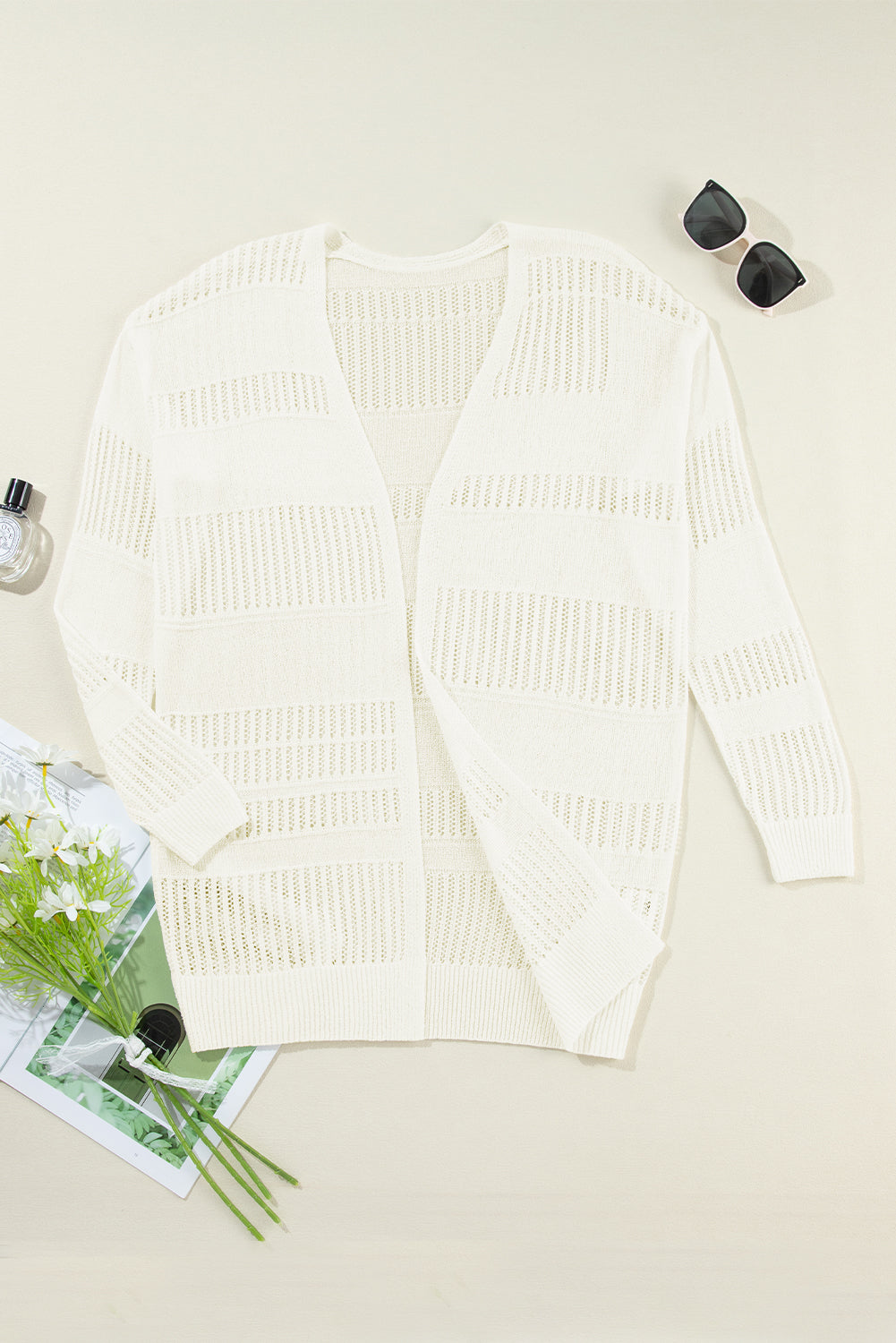 Solid Hollowed Knit Tunic Cardigan