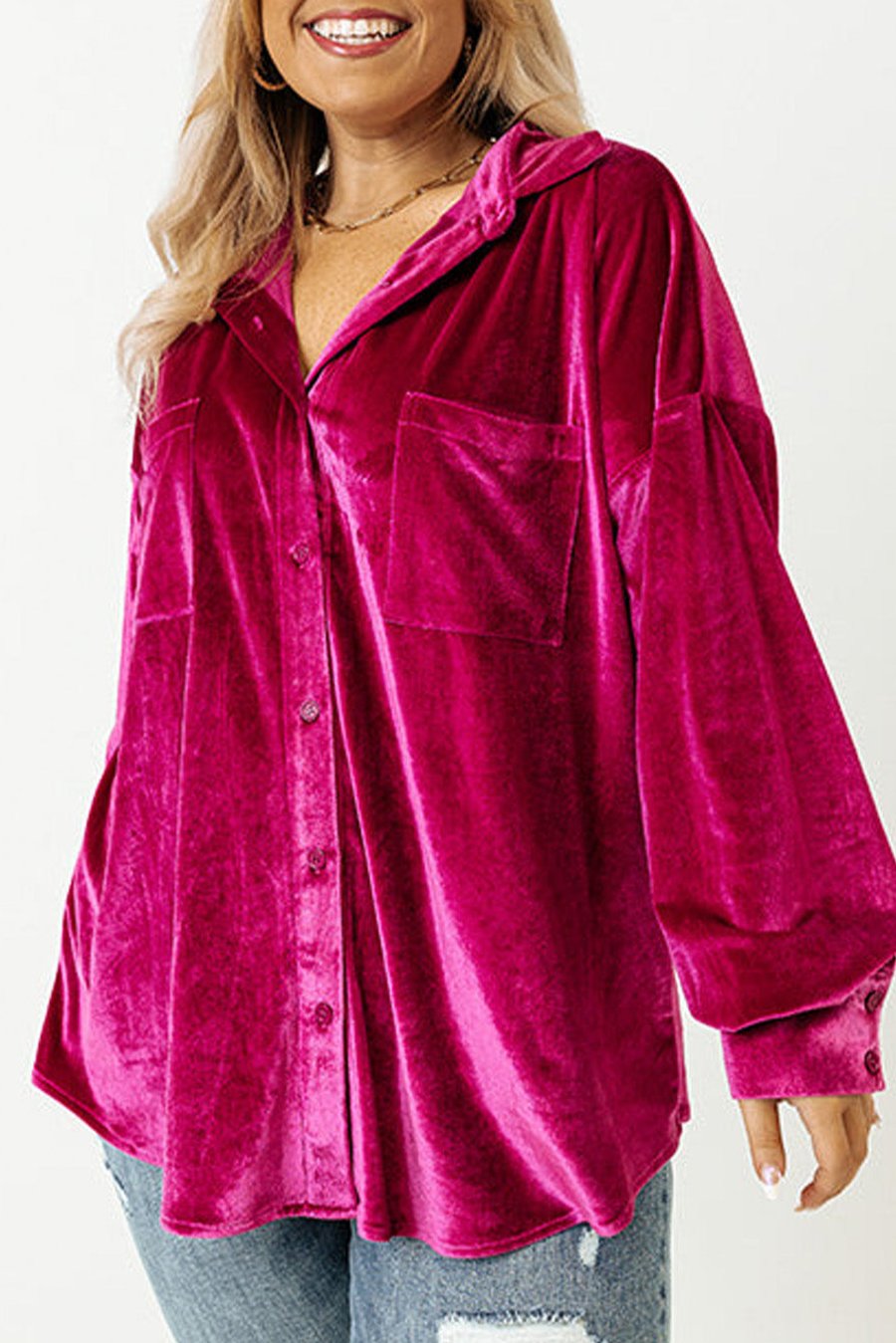 Velvet Drop Shoulder Buttoned Shirt Plus Size