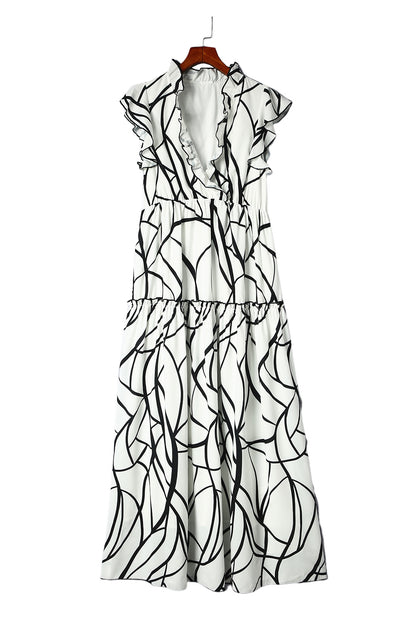 Abstract V Neck Ruffle Maxi Dress