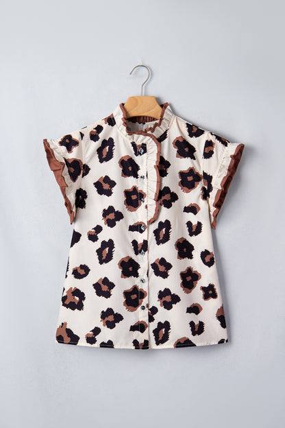 Leopard Ruffle Sleeve Button Up Blouse