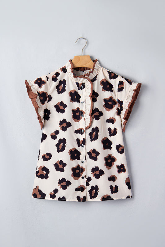 Leopard Ruffle Sleeve Button Up Blouse